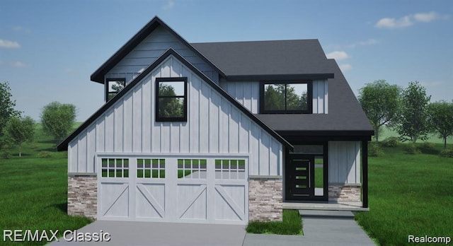 3482 Ponemah Dr, Fenton, MI 48430 - view of front of home featuring board and batten siding, stone siding, driveway, and a front lawn