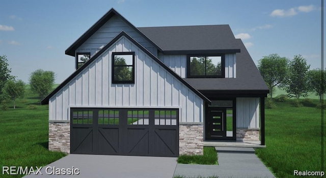 3482 Ponemah Dr, Fenton, MI 48430 - modern farmhouse featuring board and batten siding, stone siding, driveway, a front lawn, and an attached garage