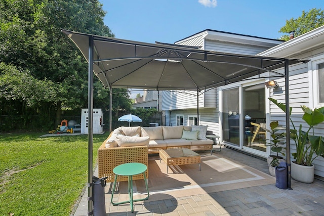 9241 Abbey Ln, Ypsilanti, MI 48198 - view of patio / terrace featuring outdoor lounge area, a gazebo, and a storage unit