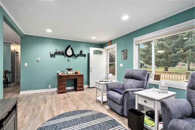 6779 1st Dr, Coloma, MI 49038 - living area featuring crown molding, light wood finished floors, and recessed lighting