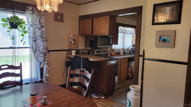 511 E Main St, Morenci, MI 49256 - kitchen featuring stainless steel appliances, a chandelier, plenty of natural light, brown cabinetry, and a wainscoted wall
