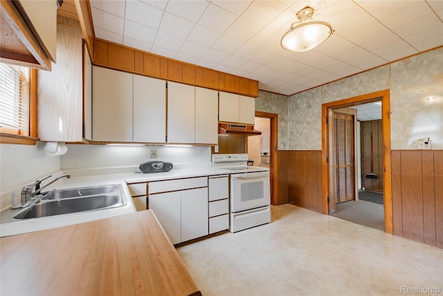 29463 Sibley Rd, Romulus, MI 48174 - kitchen with white range with electric stovetop, under cabinet range hood, light floors, a wainscoted wall, and wooden walls