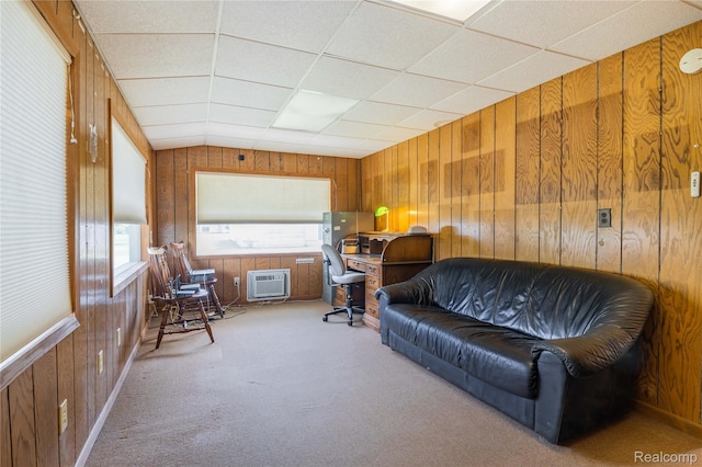 29463 Sibley Rd, Romulus, MI 48174 - living area featuring wooden walls, an AC wall unit, carpet, and lofted ceiling