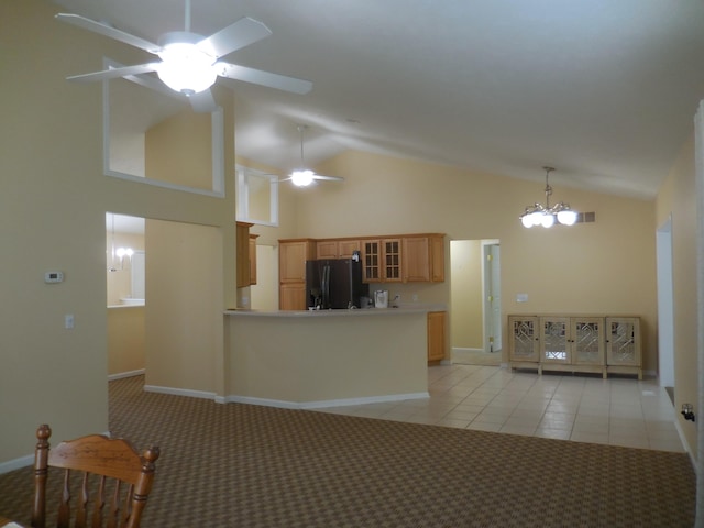 8103 Robinbrook St, Richland, MI 49083 - kitchen with refrigerator with ice dispenser, ceiling fan, glass insert cabinets, light colored carpet, and a peninsula