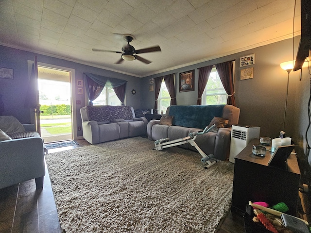 209 Sarah St, Adrian, MI 49221 - living room with ornamental molding, plenty of natural light, and ceiling fan