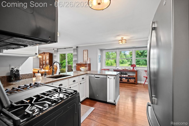4386 Kelly Circle Dr, Commerce Twp, MI 48390 - kitchen featuring appliances with stainless steel finishes, ornamental molding, white cabinetry, light wood-style flooring, and light stone countertops