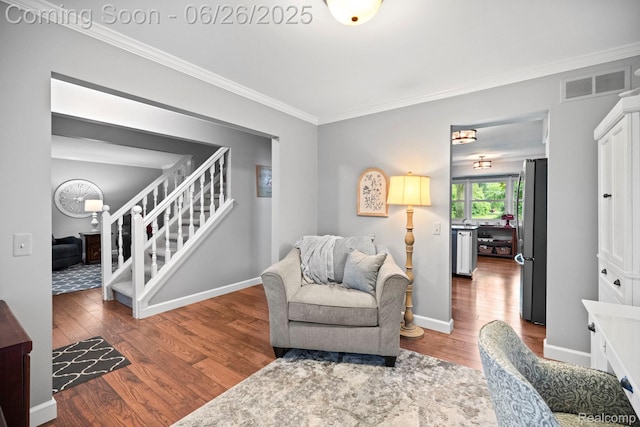 4386 Kelly Circle Dr, Commerce Twp, MI 48390 - living area featuring ornamental molding, stairs, and wood finished floors
