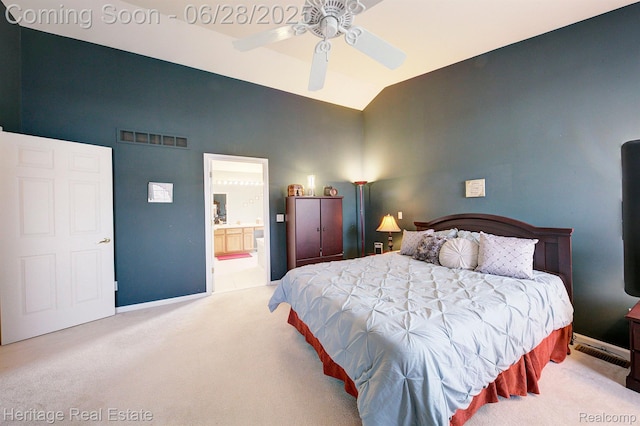 3400 Yosemite Dr, Lake Orion, MI 48360 - bedroom featuring carpet floors, high vaulted ceiling, ensuite bath, and a ceiling fan