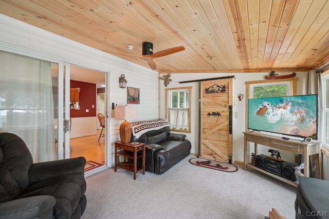 221 Burt St, Tecumseh, MI 49286 - carpeted living area featuring wooden ceiling and a ceiling fan