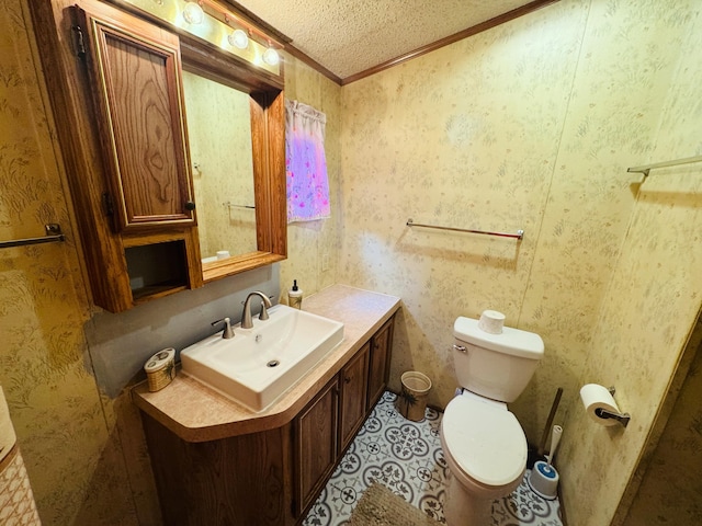 8836 Stevensville Baroda Rd Lot 135, Baroda, MI 49101 - bathroom featuring ornamental molding, vanity, a textured ceiling, and wallpapered walls
