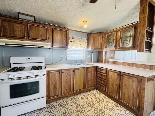 8836 Stevensville Baroda Rd Lot 135, Baroda, MI 49101 - kitchen featuring gas range gas stove, range hood, a textured ceiling, light countertops, and brown cabinets