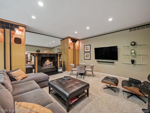 6224 Bromley Ct, West Bloomfield, MI 48322 - carpeted living room with a fireplace with flush hearth and recessed lighting
