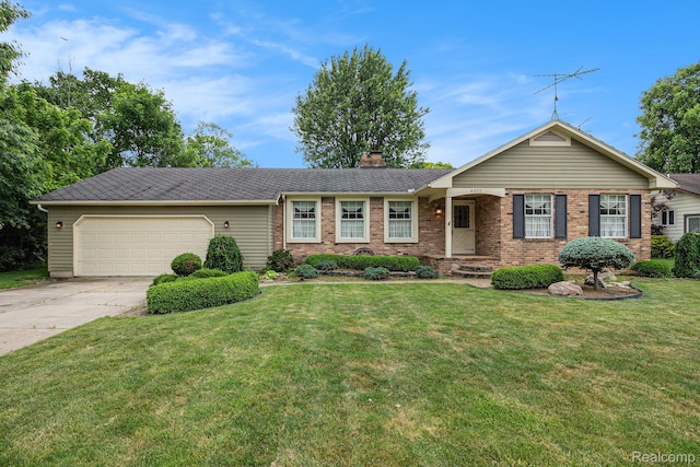 6392 Mckenzie Dr, Flint, MI 48507 - single story home with concrete driveway, an attached garage, brick siding, and a chimney