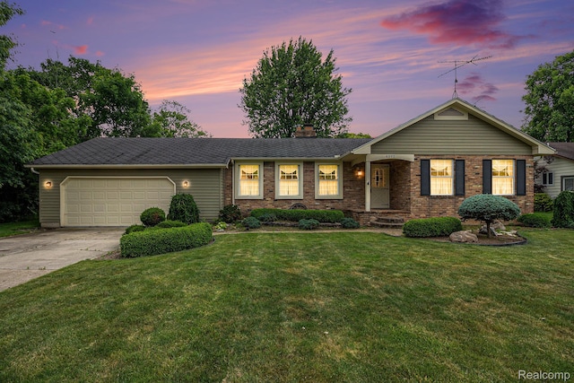 6392 Mckenzie Dr, Flint, MI 48507 - ranch-style house with concrete driveway, an attached garage, a yard, a chimney, and brick siding