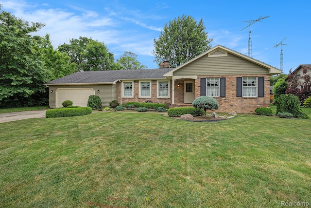 6392 Mckenzie Dr, Flint, MI 48507 - single story home featuring an attached garage, a chimney, brick siding, and a front yard