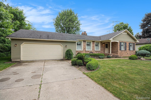 6392 Mckenzie Dr, Flint, MI 48507 - ranch-style home with driveway, an attached garage, a chimney, a front lawn, and brick siding