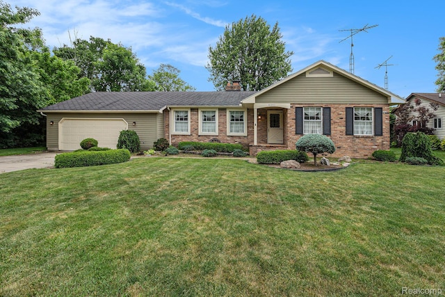 6392 Mckenzie Dr, Flint, MI 48507 - ranch-style house featuring an attached garage, a chimney, brick siding, and a front yard
