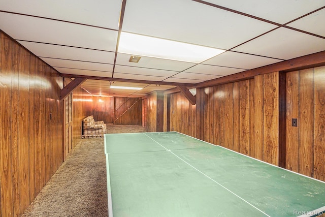6392 Mckenzie Dr, Flint, MI 48507 - finished basement featuring wooden walls, carpet, and a drop ceiling