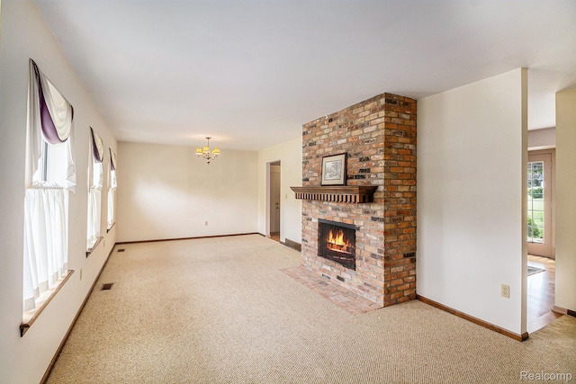 6392 Mckenzie Dr, Flint, MI 48507 - unfurnished living room featuring carpet flooring, a chandelier, and a fireplace