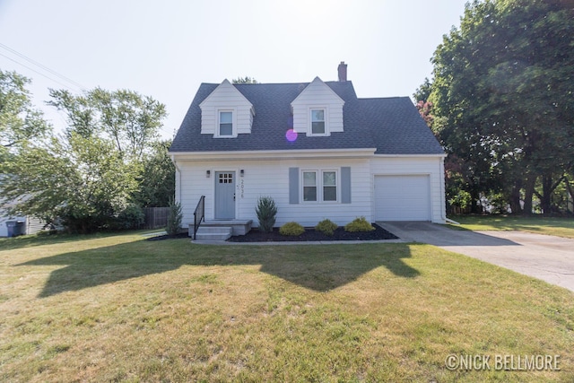 2036 Dawson Ave NE, Grand Rapids, MI 49505 - cape cod house featuring an attached garage, a chimney, concrete driveway, a front yard, and a shingled roof
