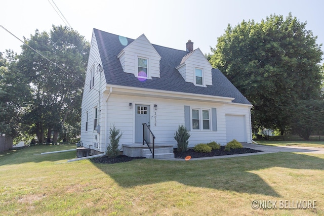 2036 Dawson Ave NE, Grand Rapids, MI 49505 - cape cod-style house featuring a chimney, a front lawn, an attached garage, driveway, and a shingled roof