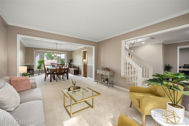 25006 Davenport Ave, Novi, MI 48374 - living room with a chandelier, stairs, crown molding, and light colored carpet