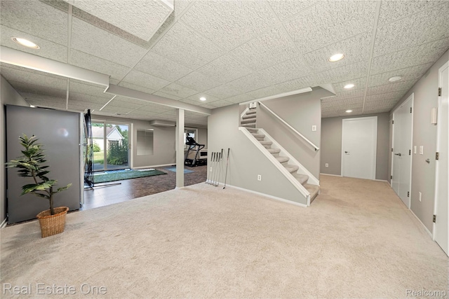 25006 Davenport Ave, Novi, MI 48374 - below grade area featuring carpet flooring, stairs, recessed lighting, and a drop ceiling