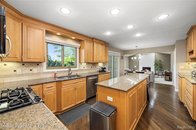 25006 Davenport Ave, Novi, MI 48374 - kitchen featuring dishwasher, a center island, dark wood-style floors, decorative backsplash, and recessed lighting