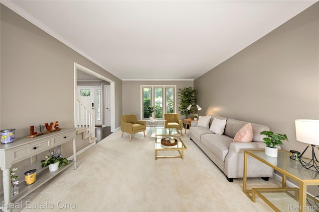 25006 Davenport Ave, Novi, MI 48374 - living room with stairway, crown molding, and carpet