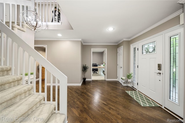 25006 Davenport Ave, Novi, MI 48374 - entryway with stairs, a chandelier, wood finished floors, recessed lighting, and crown molding