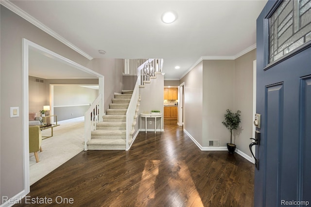 25006 Davenport Ave, Novi, MI 48374 - foyer entrance featuring stairway, wood finished floors, crown molding, and recessed lighting