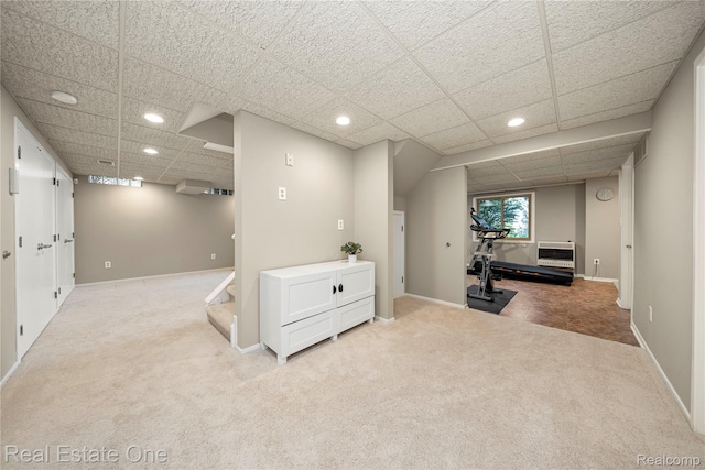 25006 Davenport Ave, Novi, MI 48374 - workout room with light colored carpet, a drop ceiling, recessed lighting, and heating unit