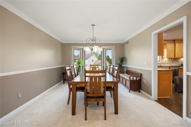 25006 Davenport Ave, Novi, MI 48374 - dining area with light carpet, a chandelier, and crown molding