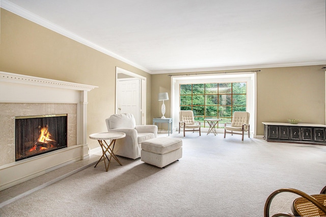 11279 E Cd Ave, Richland, MI 49083 - living area with crown molding, carpet floors, and a warm lit fireplace