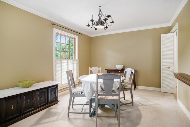 11279 E Cd Ave, Richland, MI 49083 - dining room featuring ornamental molding, a chandelier, and light colored carpet