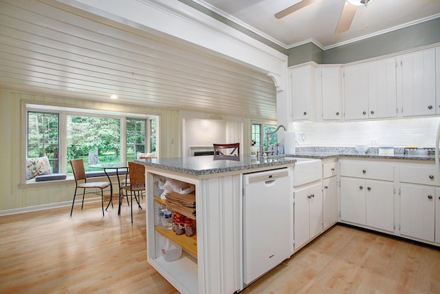 11279 E Cd Ave, Richland, MI 49083 - kitchen with dishwasher, light wood-type flooring, white cabinetry, and crown molding