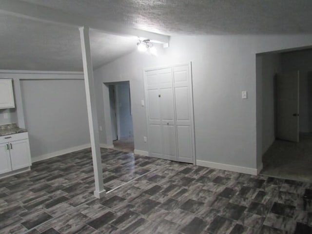 23786 Pokagon Hwy, Cassopolis, MI 49031 - unfurnished living room featuring lofted ceiling, a textured ceiling, and dark floors
