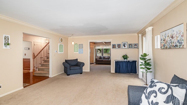 4561 Ashland Dr, Saginaw, MI 48638 - sitting room with carpet flooring, ornamental molding, and stairway