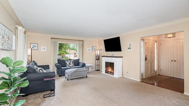 4561 Ashland Dr, Saginaw, MI 48638 - living room featuring carpet flooring, ornamental molding, and a warm lit fireplace