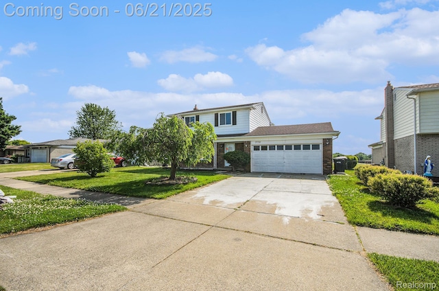 37718 Douglas Ct, Sterling Heights, MI 48310 - traditional-style house featuring brick siding, an attached garage, a front yard, and driveway