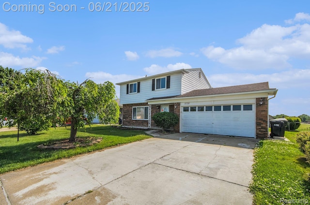 37718 Douglas Ct, Sterling Heights, MI 48310 - traditional-style home with brick siding, concrete driveway, a front yard, and an attached garage