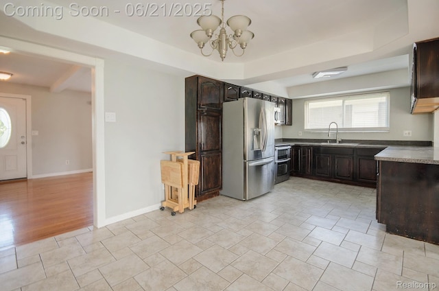 37718 Douglas Ct, Sterling Heights, MI 48310 - kitchen featuring appliances with stainless steel finishes, dark brown cabinetry, a chandelier, and a tray ceiling