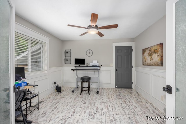 6770 Rivers Edge Ln, Middleville, MI 49333 - office space with ceiling fan, a wainscoted wall, wood finished floors, and a decorative wall