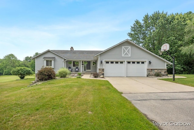 6770 Rivers Edge Ln, Middleville, MI 49333 - ranch-style house with a garage, a front yard, driveway, and stone siding