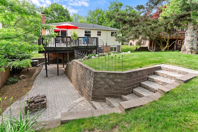 525 Langfield St, Northville, MI 48167 - rear view of property with a deck, a chimney, a lawn, stairway, and a patio area