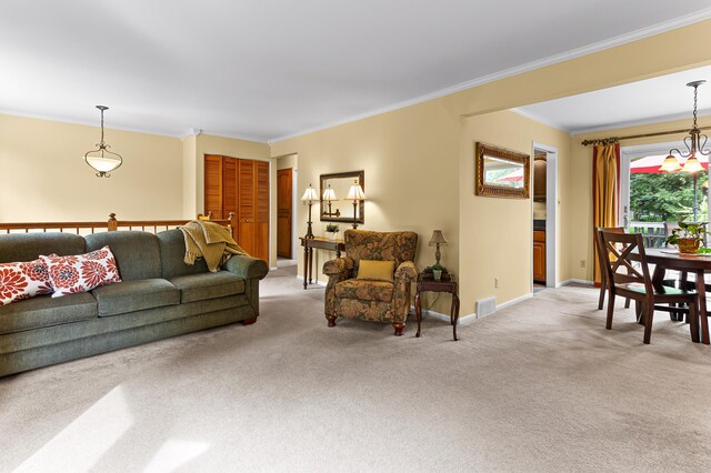 525 Langfield St, Northville, MI 48167 - living room featuring light carpet and crown molding