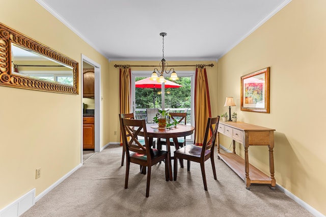 525 Langfield St, Northville, MI 48167 - dining space with crown molding, light colored carpet, and a chandelier
