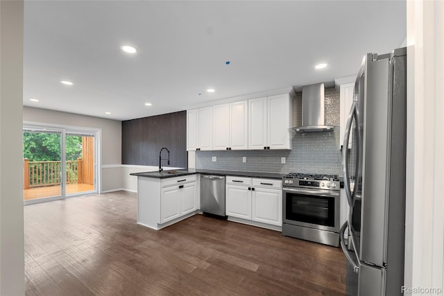 24790 Ashley Ct, Redford, MI 48239 - kitchen featuring stainless steel appliances, wall chimney range hood, a peninsula, dark countertops, and decorative backsplash