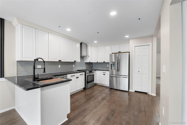 24790 Ashley Ct, Redford, MI 48239 - kitchen featuring stainless steel appliances, wall chimney range hood, a peninsula, dark countertops, and tasteful backsplash