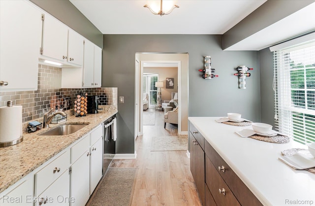 1106 Kings Cove Dr Unit 355, Rochester, MI 48306 - kitchen featuring light wood-style flooring, white cabinets, decorative backsplash, dishwasher, and light stone countertops